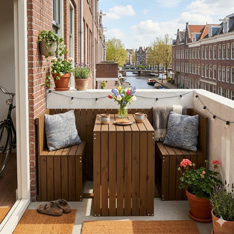 Houten Balkonset met Tafel en 2 Banken — Teak Bruin
