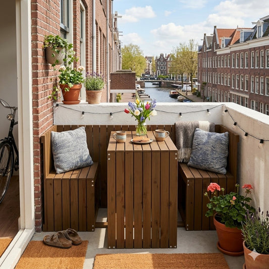 Houten Balkonset met Tafel en 2 Banken — Teak Bruin